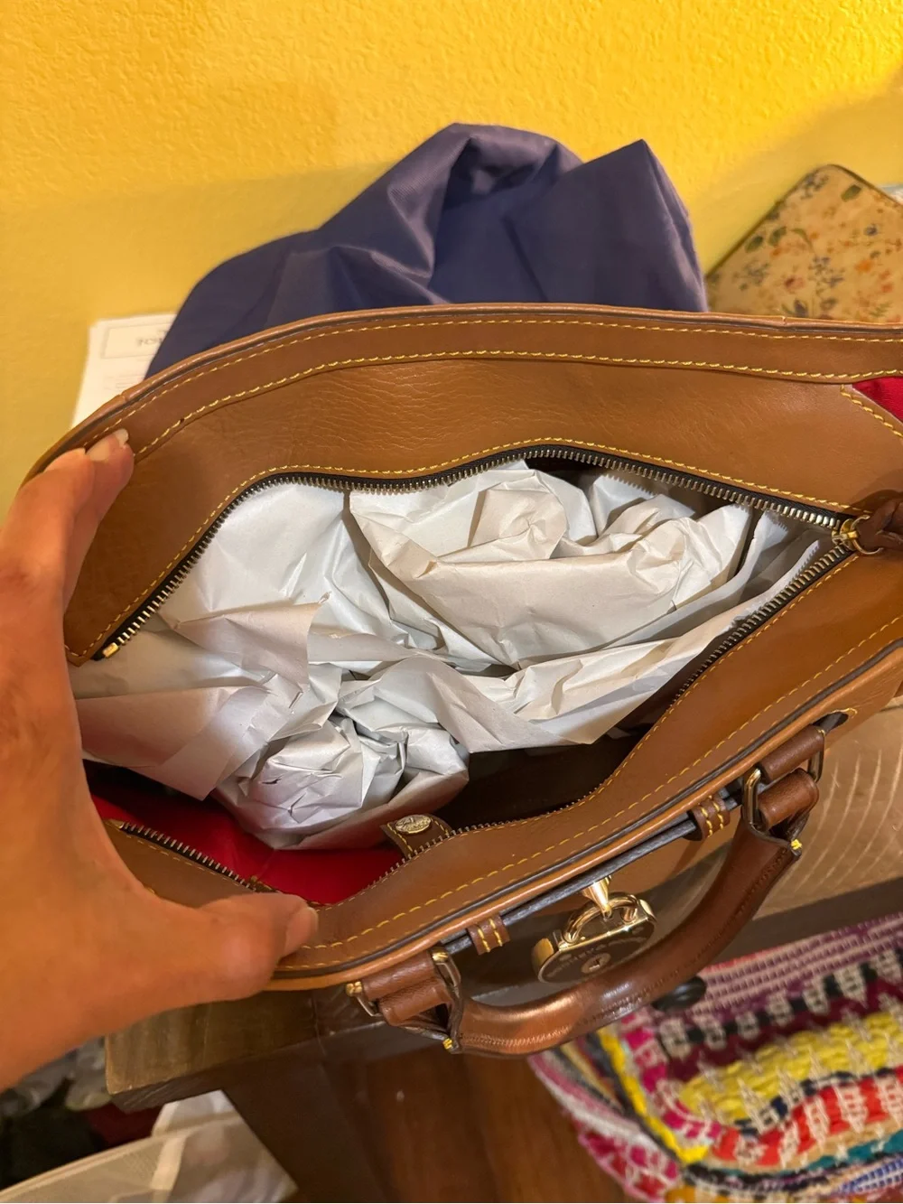 Dooney & Bourke Cognac Pebbled Leather Satchel with Gold Hardware